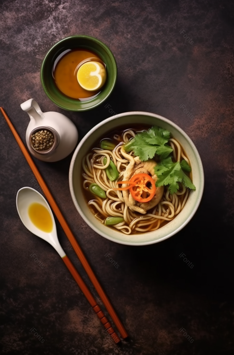 亚洲拉面面汤面食香菜配菜和橙子放在桌子上餐饮美食图像摄影,高清,摄影图,摄影图片,图片大全,摄影图免费下载